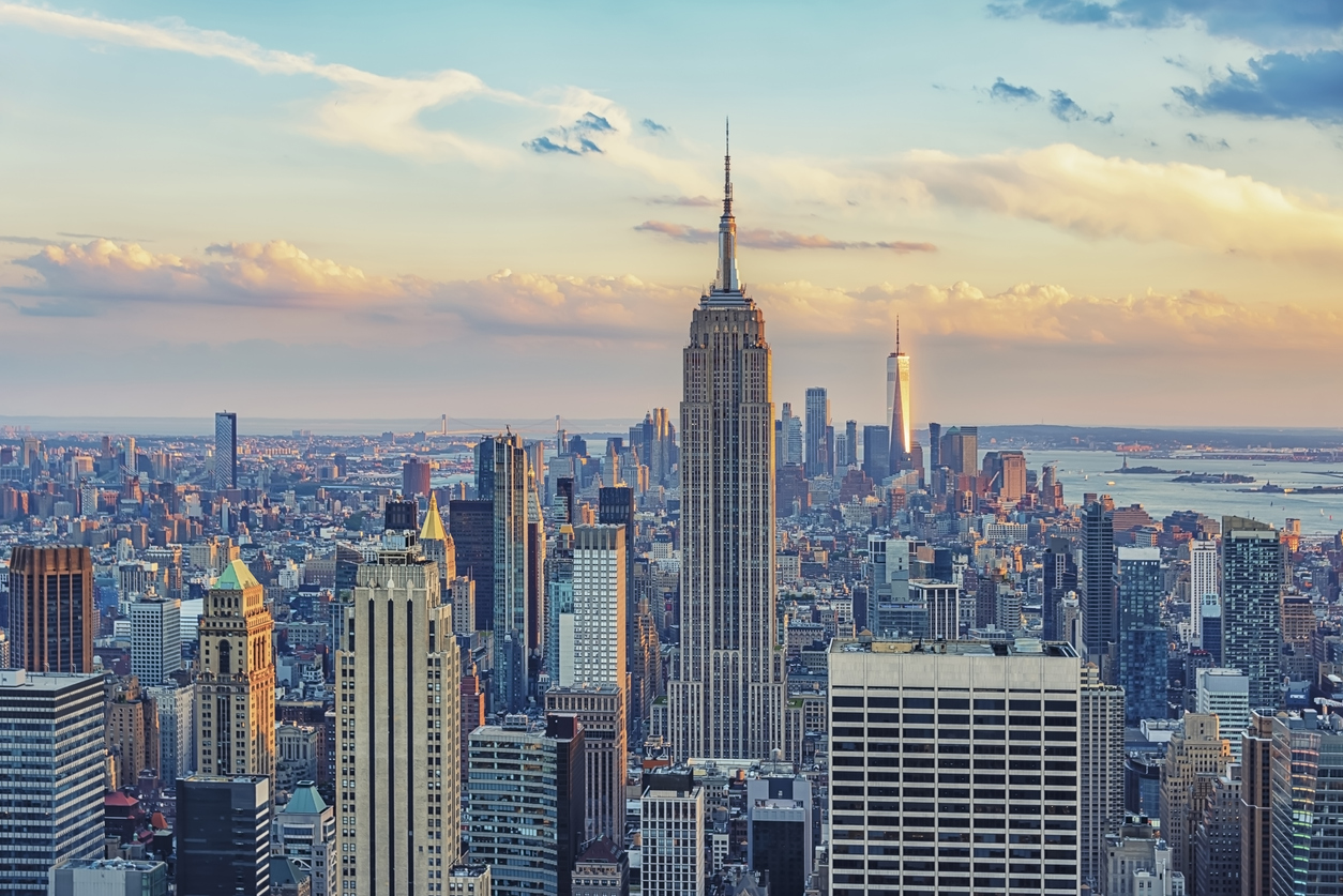 New York financial district skyline at dusk